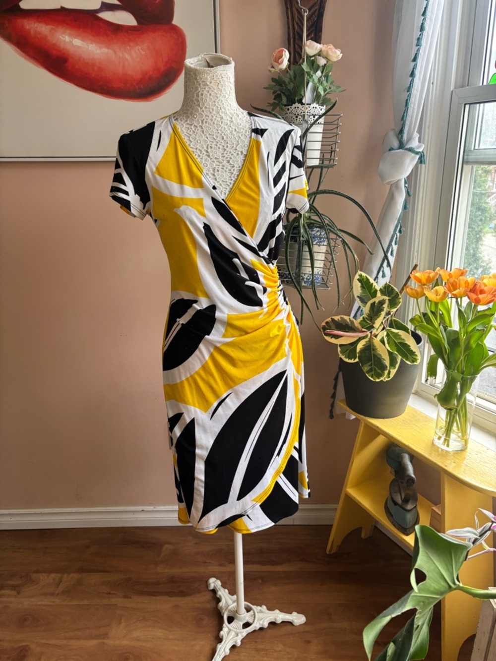 Vintage 90s Yellow Black White Wrap-Style Leaf Print Mini Dress, Sz M